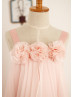 Blush Pink Chiffon Knee Length Flower Girl Dress With Handmade Flowers